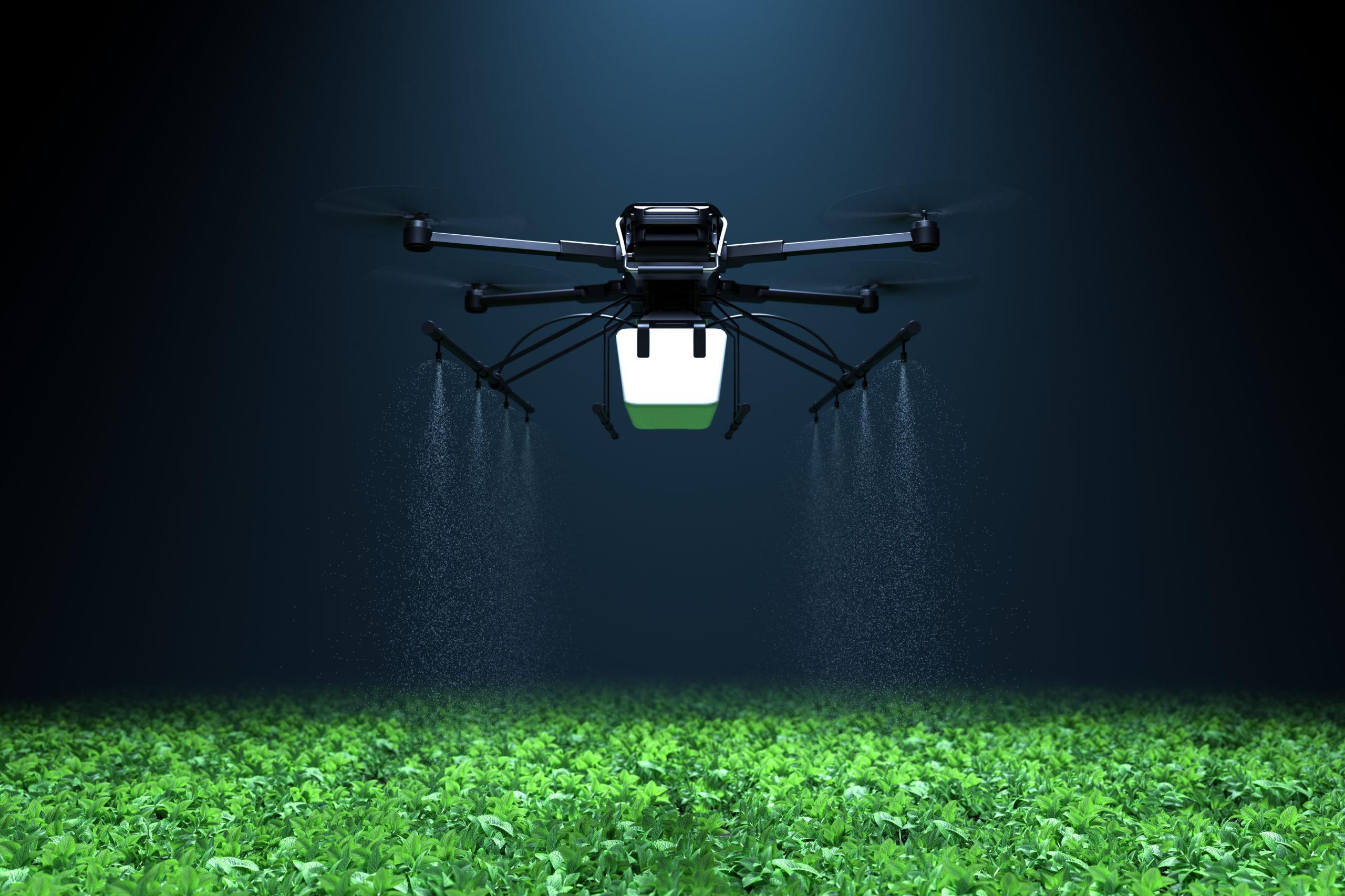 Drone spraying fertilizer on vegetable green plants, Agriculture technology, Farm automation. 3D illustration